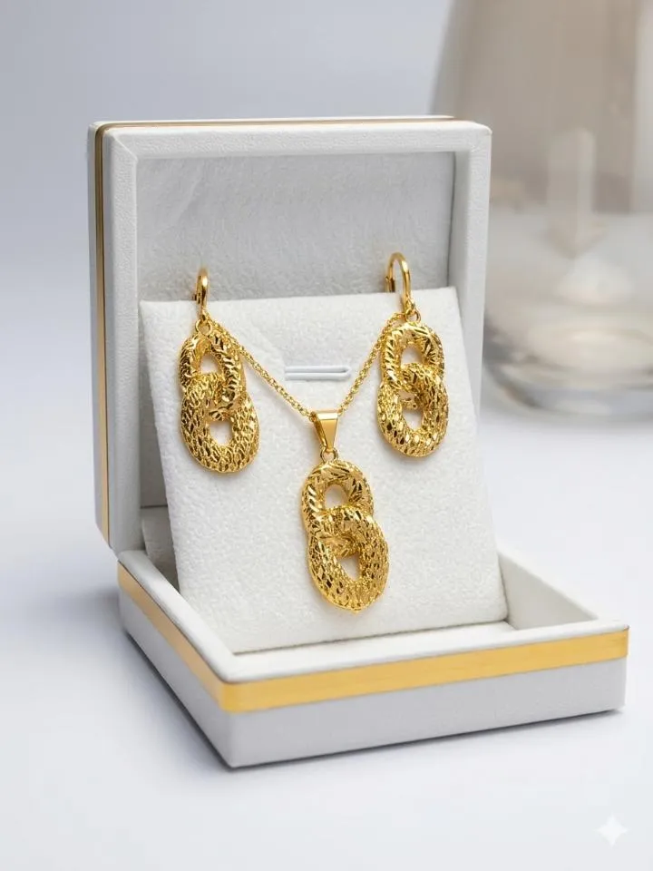 Parure "Double Anneaux" Maillons Entrelacés et Ciselés